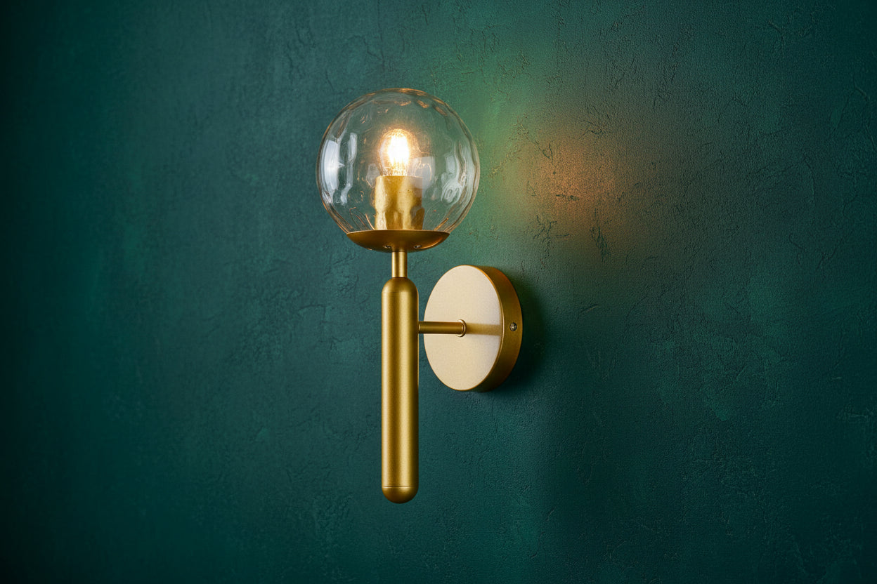 Golden and clear glass wall lamp with iron frame, modern E27 indoor lighting fixture
