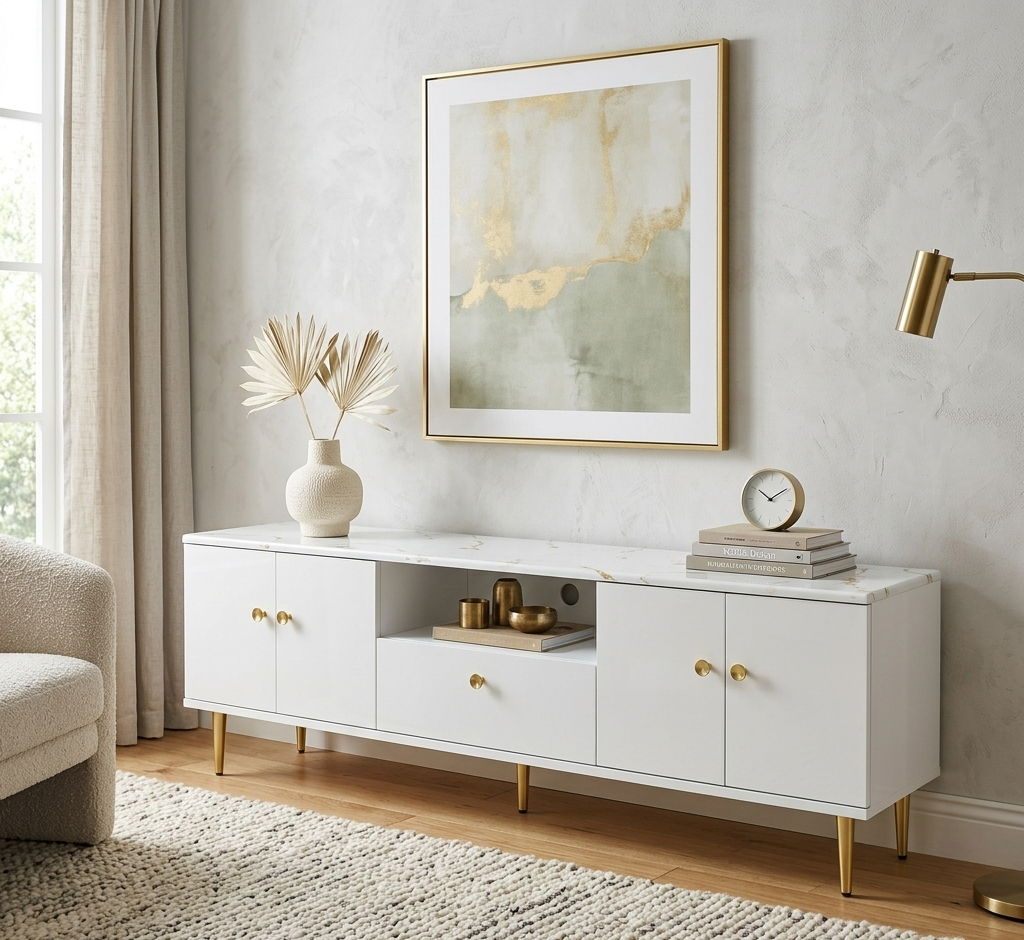 6 ft White TV stand with elegant marble top design