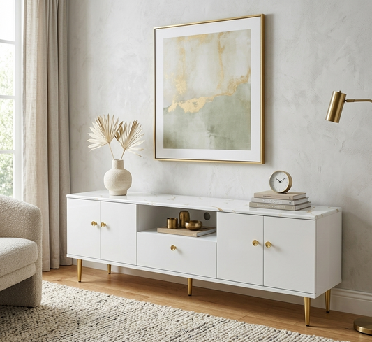 6 ft White TV stand with elegant marble top design