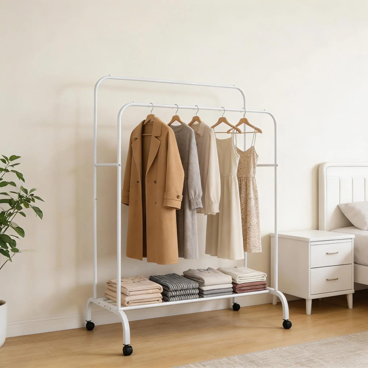 Double Pole Clothing Rack with Wheels and Storage Shelf