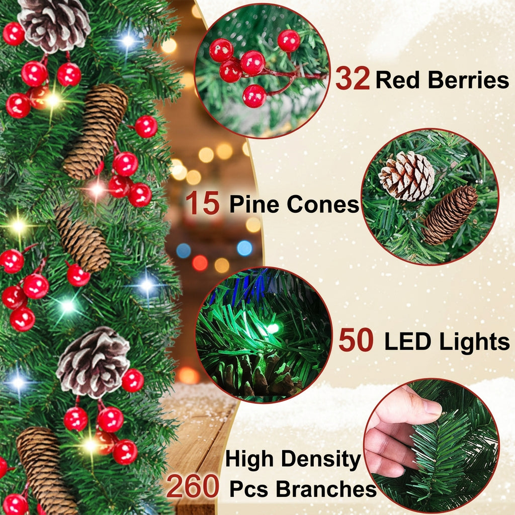 2.7m Christmas Garland with Pine Cones, Red Berries and LED Lights