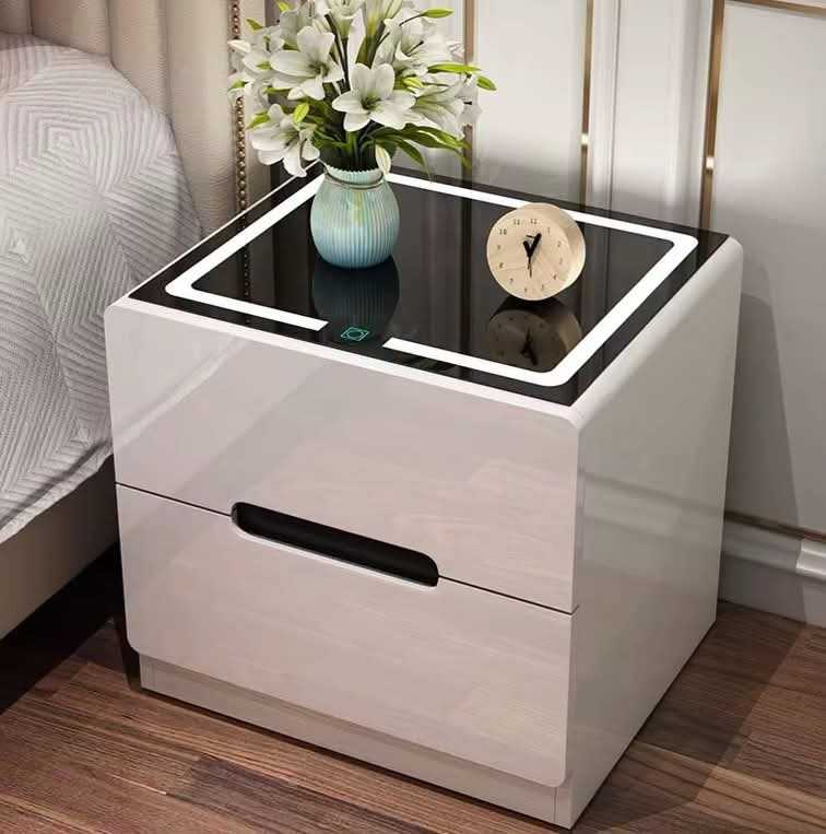 Gemelli Colllection modern wooden bedside drawer with LED lighting and glass top two drawer bedside cabinet in white or black top finish 50x40x45cm bedroom storage unit for books accessories and nightstand essentials 