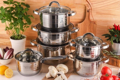 12-piece Stainless steel cookware set, turbo induction compatible and dishwasher safe.
