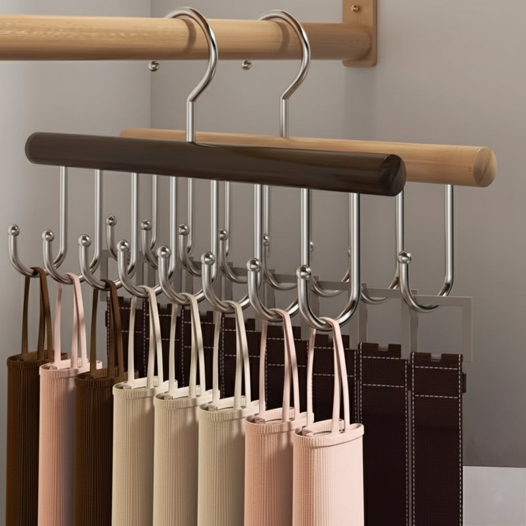 Wooden plank 8-hook wall hanger in dark brown for coats, bags, and accessories