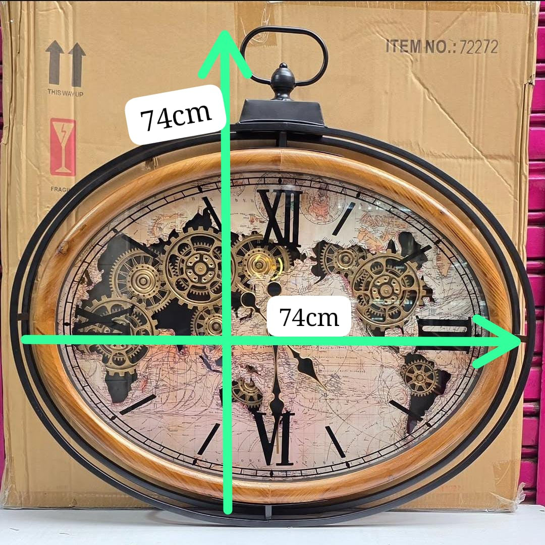 Atlas Columbus Oval Metal Wood Moving Gears Wall Clock