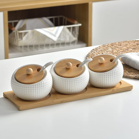 Golf themed ceramic condiment set with bamboo stand and ceramic spoons