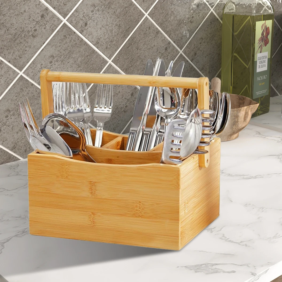 Portable Bamboo Cutlery Organizer With Handle