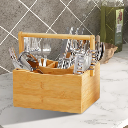 Portable Bamboo Cutlery Organizer With Handle