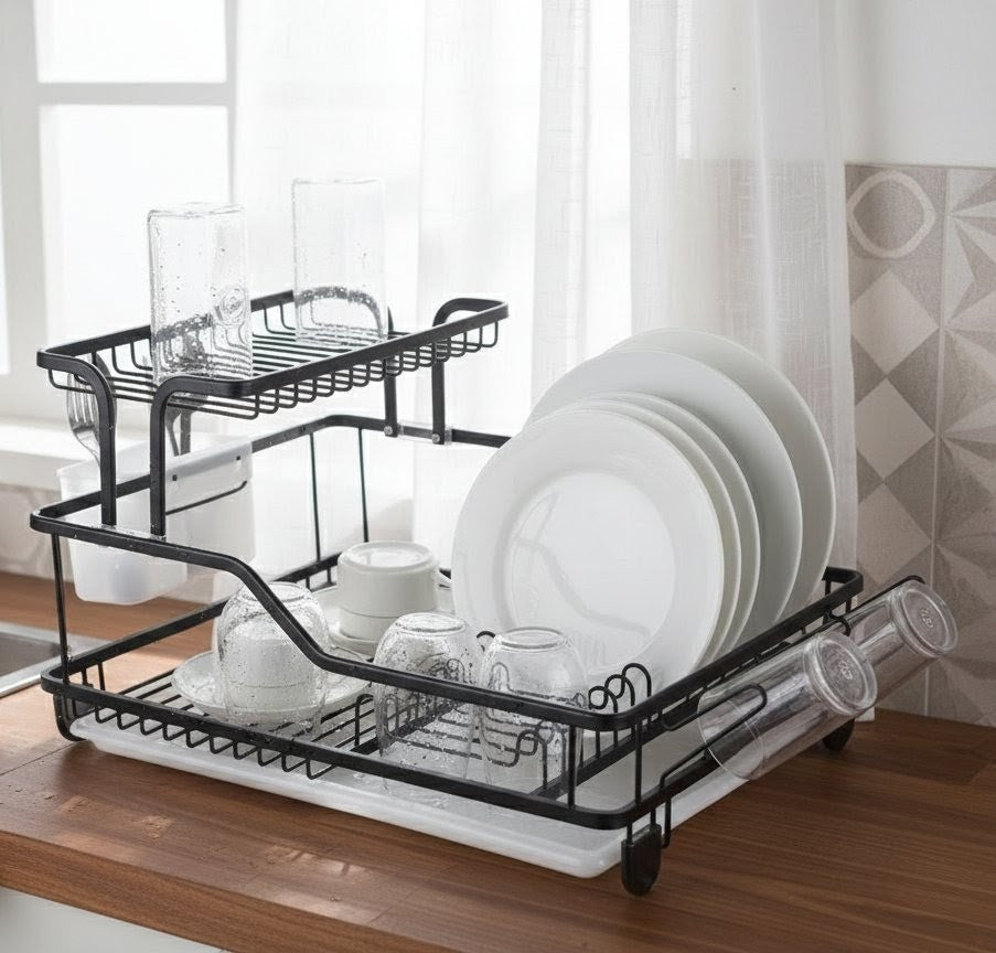 Large carbon steel single layer dishrack measuring 48cm by 38cm by 28cm.