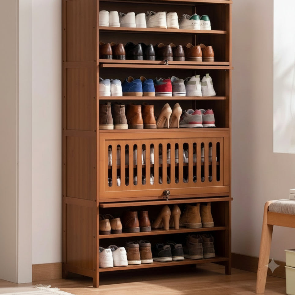 9 layer bamboo shoe rack storage cabinet with pull down slatted doors ventilated shoe organiser for entryway hallway bedroom storage 138x80x32cm.