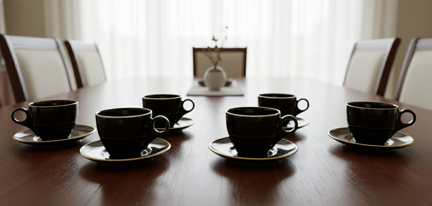 180 cc Danny Home cup and saucer set with gold rim, 6 pieces.