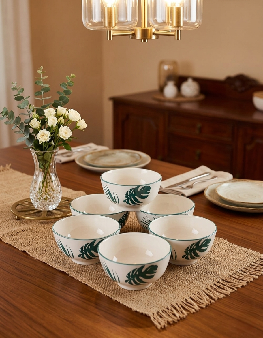 6 Inch white ceramic bowls with green flower design for serving meals and snacks