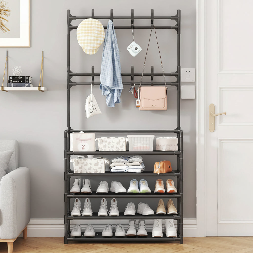 4 Layer Detachable Metal Shoe Rack with Hooks