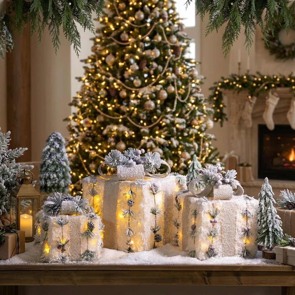 3Pcs LED Christmas Gift Box Decorations with Warm Lights