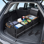 Large foldable car trunk organizer with insulated cooler compartment and multiple storage sections for travel and groceries