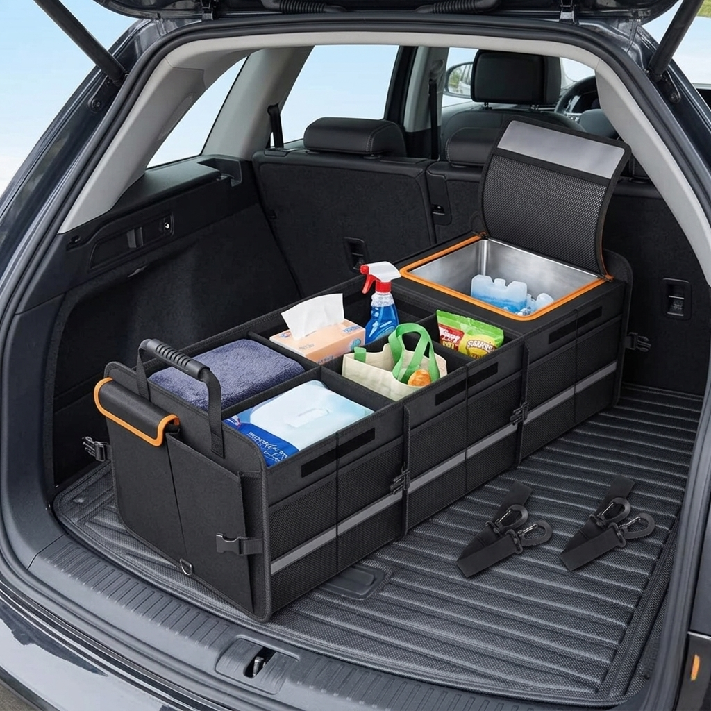 Large foldable car trunk organizer with insulated cooler compartment and multiple storage sections for travel and groceries