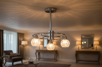 3-Light Pendant Lamp – Silver/White Finish, Decorative Crystal Glass-PL 7041-14-03-SI