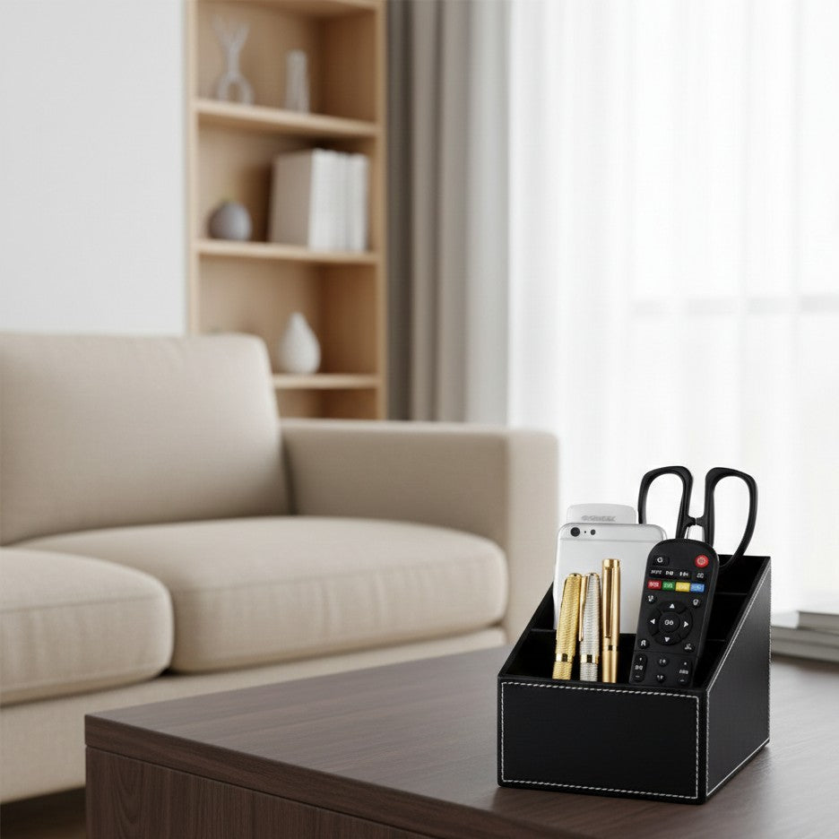 Multi-compartment leather desk organizer for remotes and office accessories.