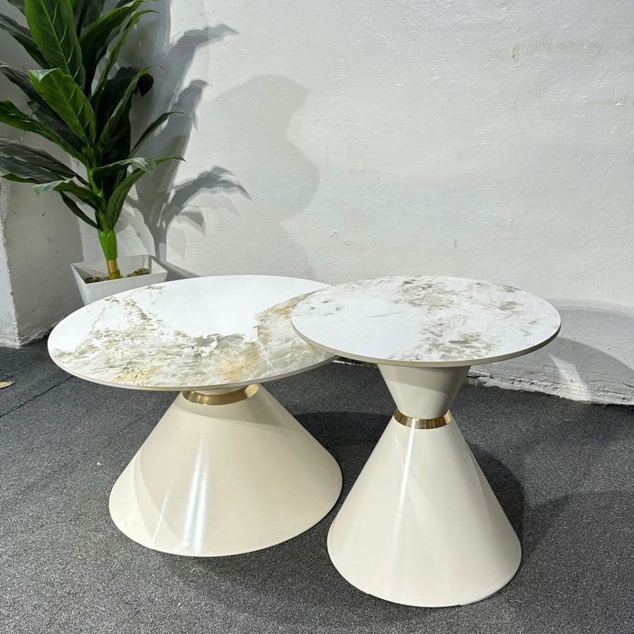 Round Nesting Coffee Table Set with White Marble Top & Metal Base