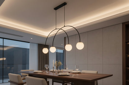 Black and white 4 light pendant lamp with iron and glass design for modern ceiling lighting in large spaces
