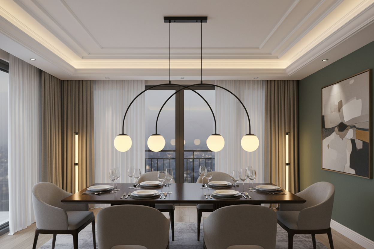 Black Modern Arc Pendant With Four White Shades-PL 1174-04-BK