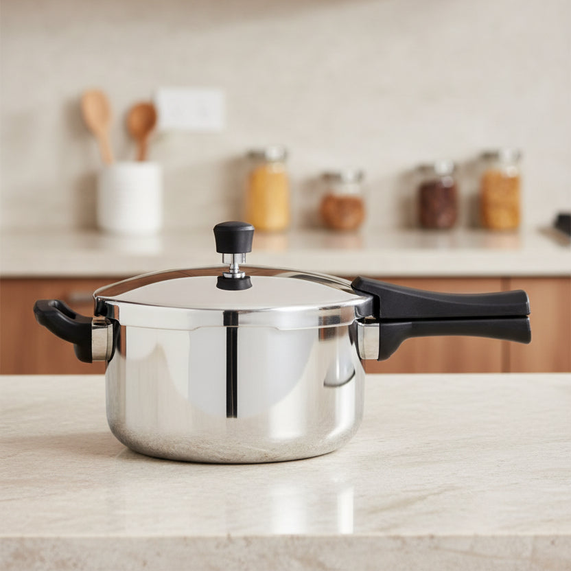 Stainless steel pressure cooker in multiple sizes for fast and efficient cooking
