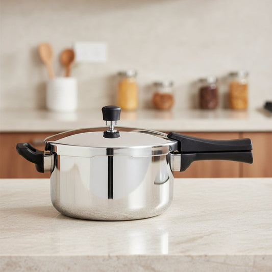 Stainless steel pressure cooker in multiple sizes for fast and efficient cooking