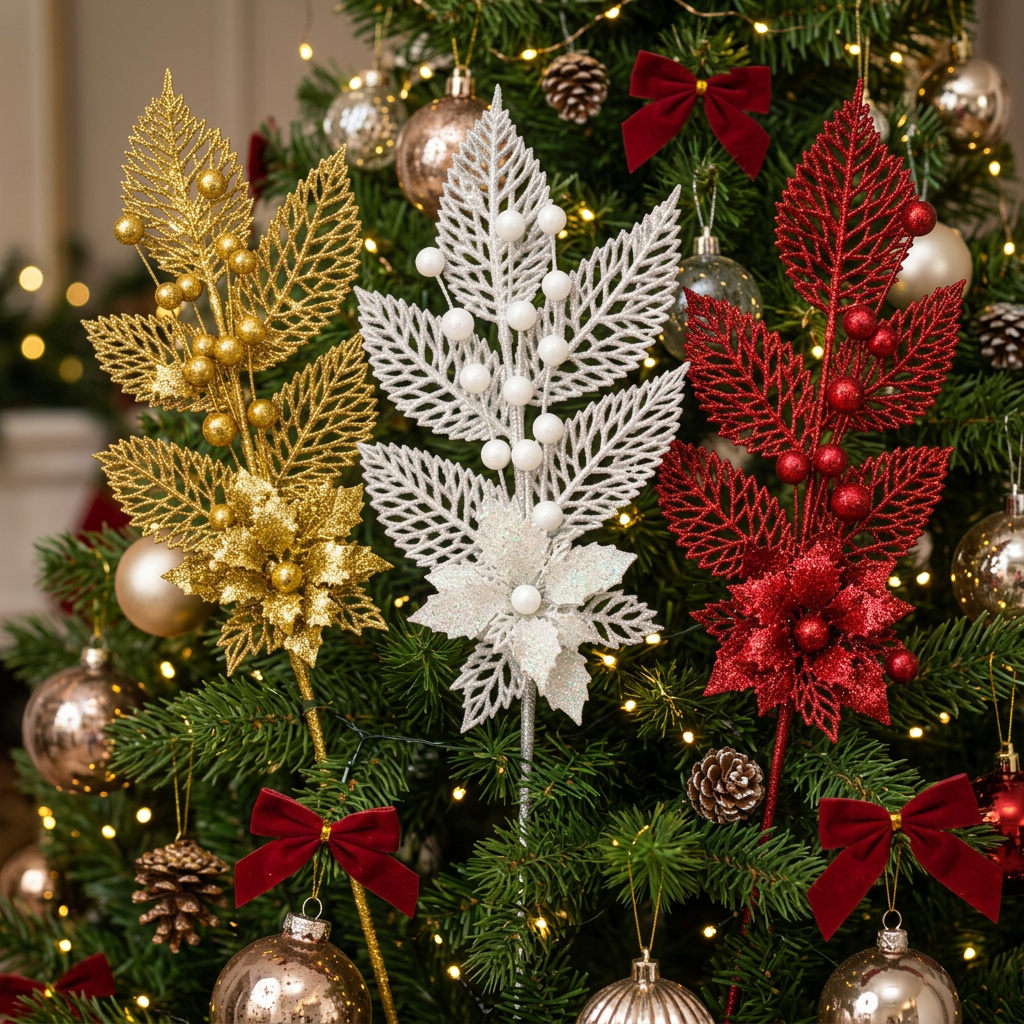 25cm Glitter Christmas Floral Picks with Sparkling Leaves and Decorative Berries available in Nairobi, Kenya