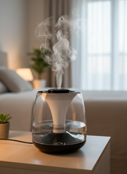 3L Humidifier with dual mist outlets, flame-style light, and essential oils set in white and black.