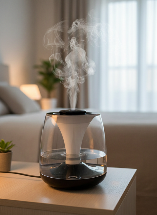 3L Humidifier with dual mist outlets, flame-style light, and essential oils set in white and black.