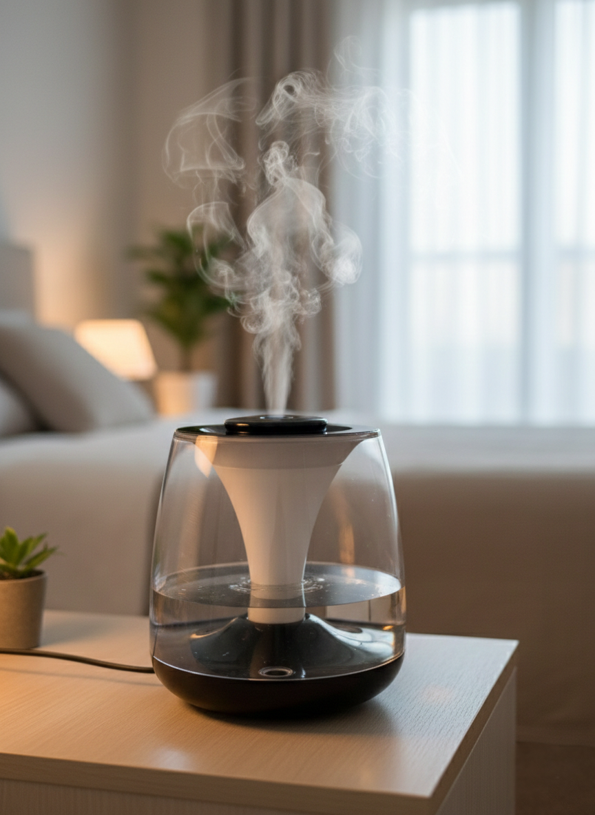 3L Humidifier with dual mist outlets, flame-style light, and essential oils set in white and black.