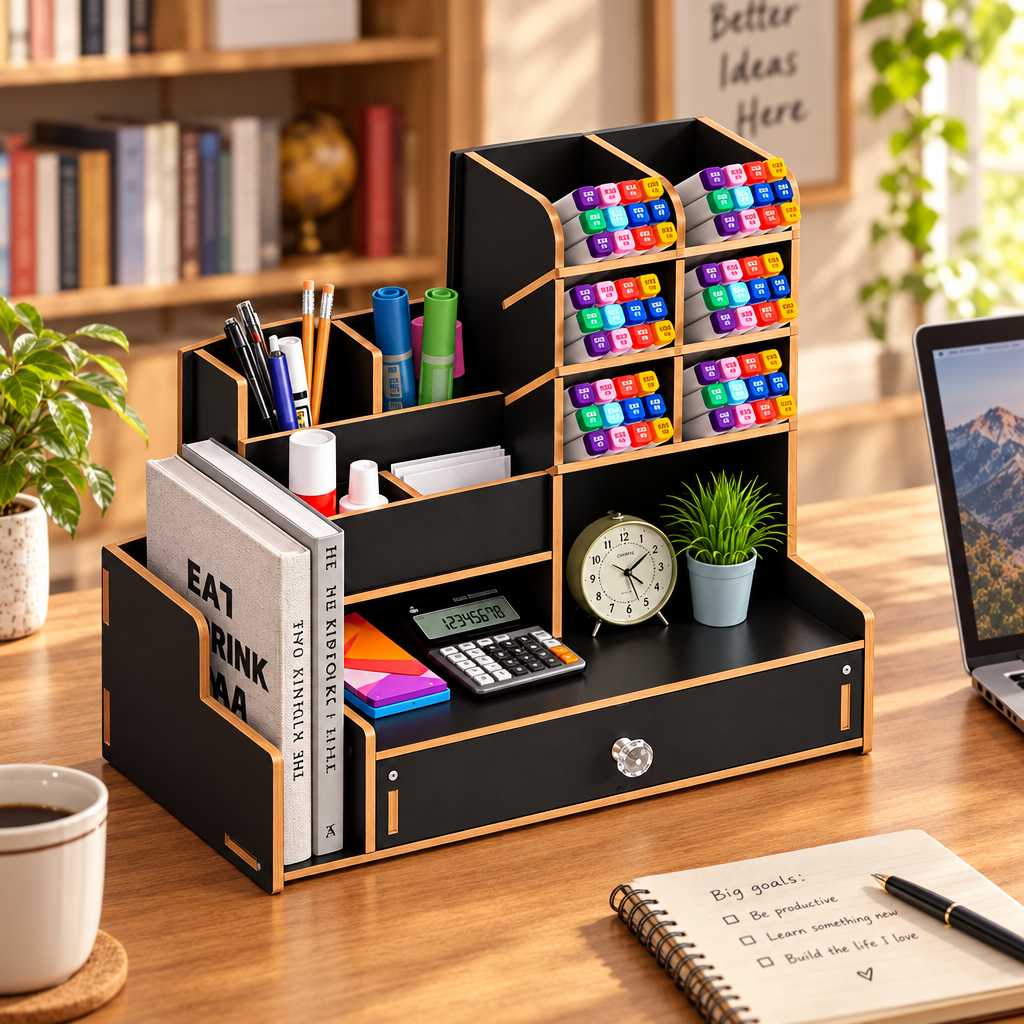 Desktop pen storage organizer with open compartments and drawer for stationery