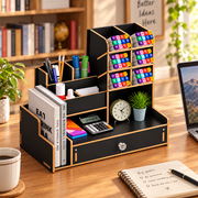 Desktop pen storage organizer with open compartments and drawer for stationery