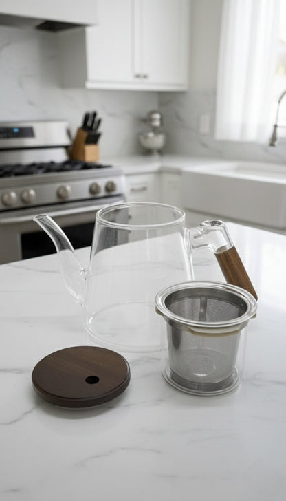 Frosted Glass Tea & Beverage Pot With Bamboo Handle