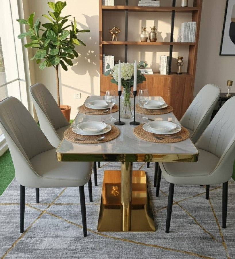 Four seater dining table set with microfibre chairs and gold metallic table legs
