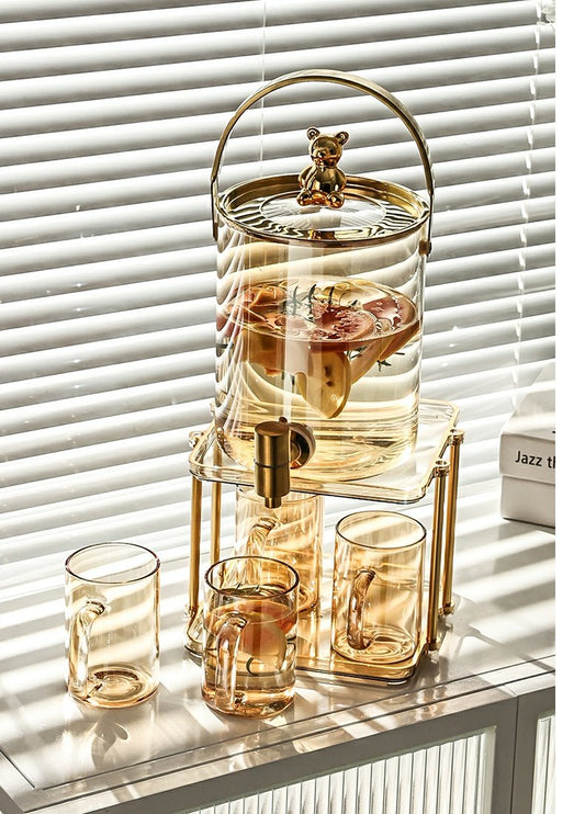 3.6L Glass cold water jug with faucet and 4 matching mugs