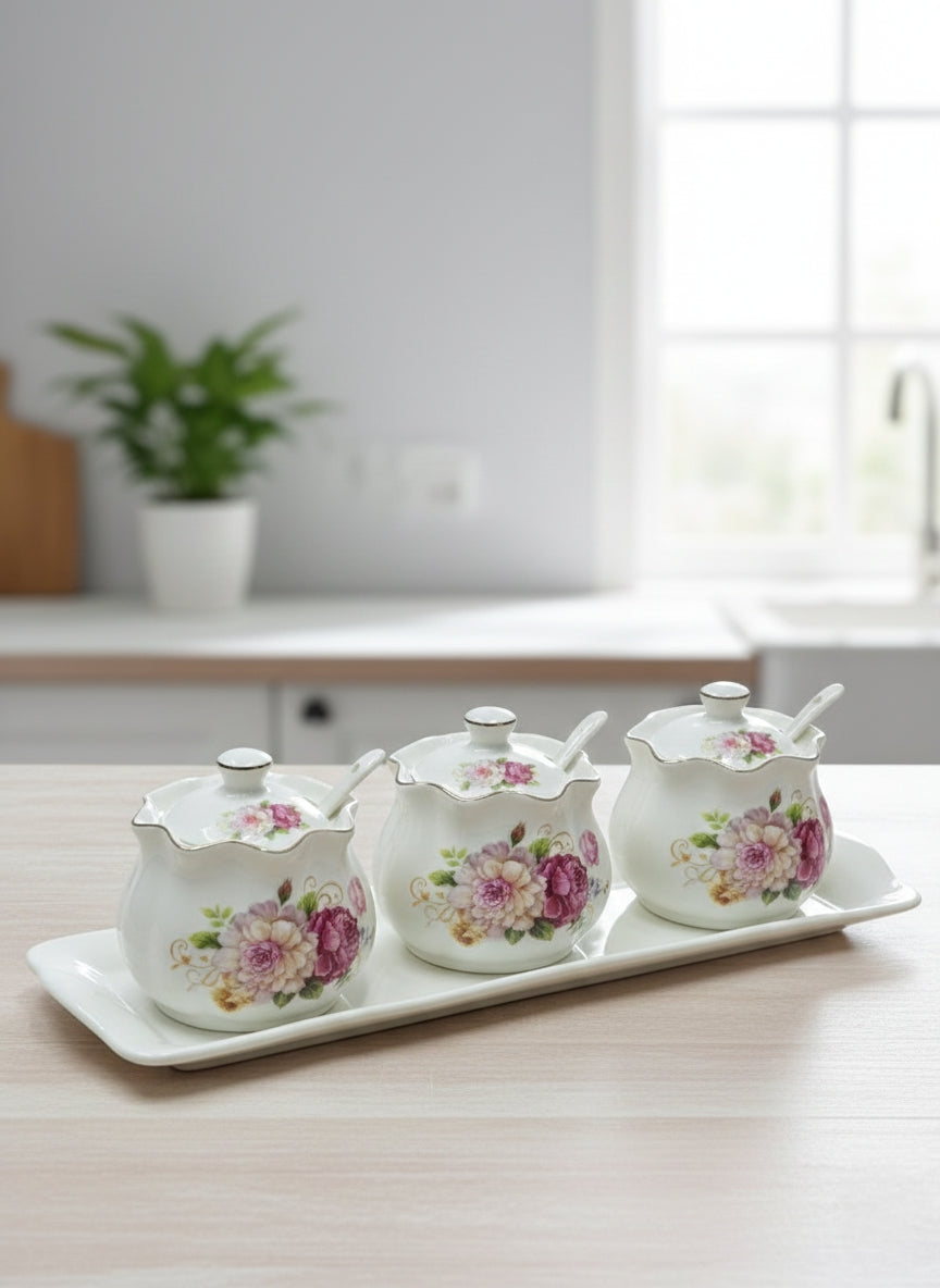 4-piece sugar canister set with 3 dishes, 1 tray, and discounted spoons