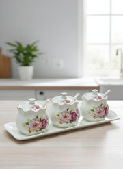 4-piece sugar canister set with 3 dishes, 1 tray, and discounted spoons