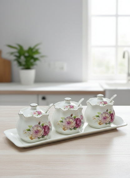 4-piece sugar canister set with 3 dishes, 1 tray, and discounted spoons