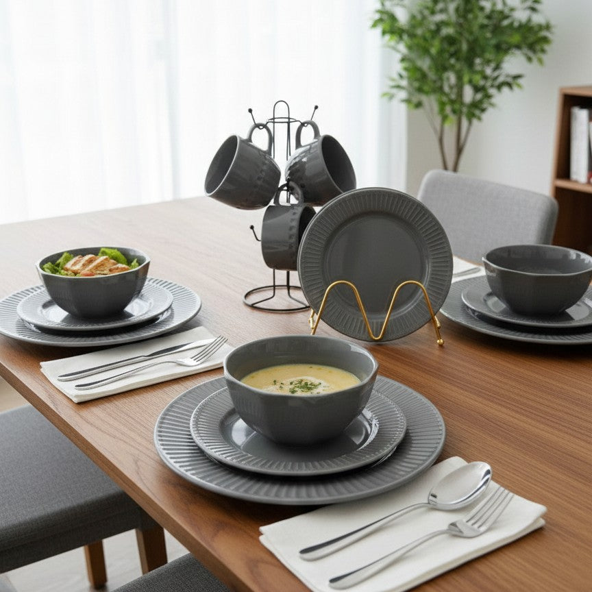 24-piece Grey ceramic dinner set with plates, bowls, and cups.