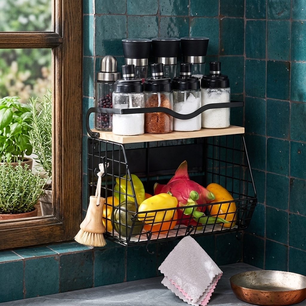 Stainless Steel Wire Storage Basket With Wooden Shelf