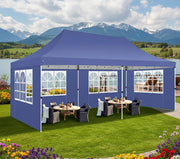 3×6 metre canopy gazebo tent with windows, steel frame, and blue and white polyester cover