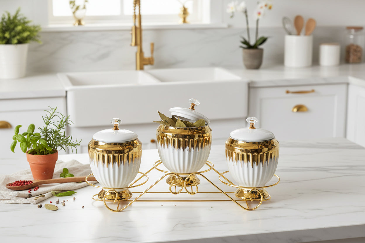 3 Piece ceramic canister set for sugar coffee and tea storage with decorative design