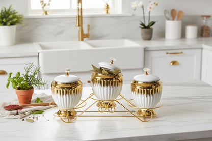 3 Piece ceramic canister set for sugar coffee and tea storage with decorative design