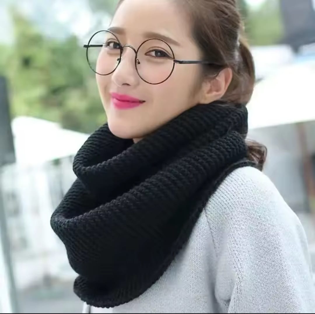 Warm knitted woolen scarf in black, grey, white, and red, soft winter neck wrap for cold weather