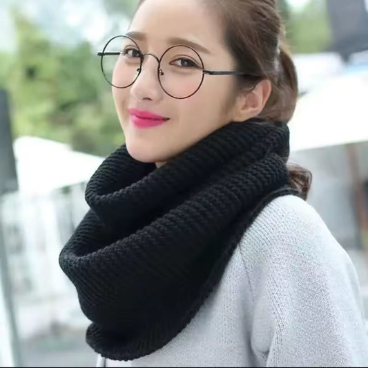 Warm knitted woolen scarf in black, grey, white, and red, soft winter neck wrap for cold weather