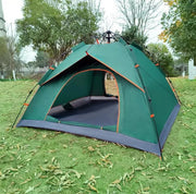 Dawood Lifestyle & Gadgets kes 3-4 person waterproof camping tent measuring 205cm x 205cm x 135cm with pop-up design, mesh ventilation, and carry bag in green and orange