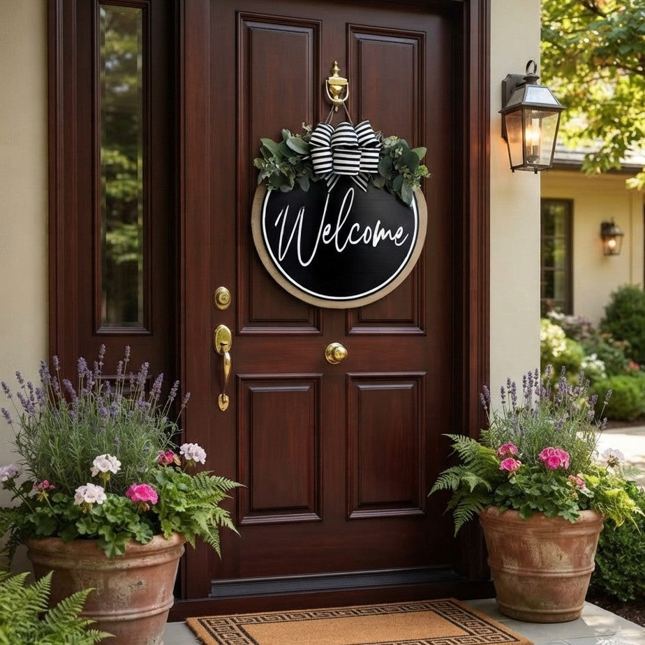 30 cm wooden welcome door hanging sign with a decorative wreath design for home entryway and wall décor.