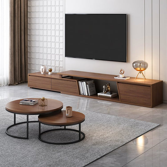 Oak brown wooden finish nesting table with modern space-saving design.