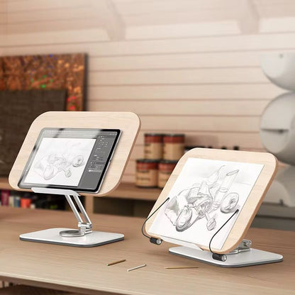 Portable rotating bamboo and metal laptop and book stand.
